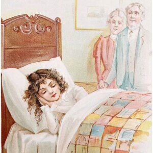 1898 Victorian Lithograph Beautiful Girl Sleeping With Parents Watching DWMM4